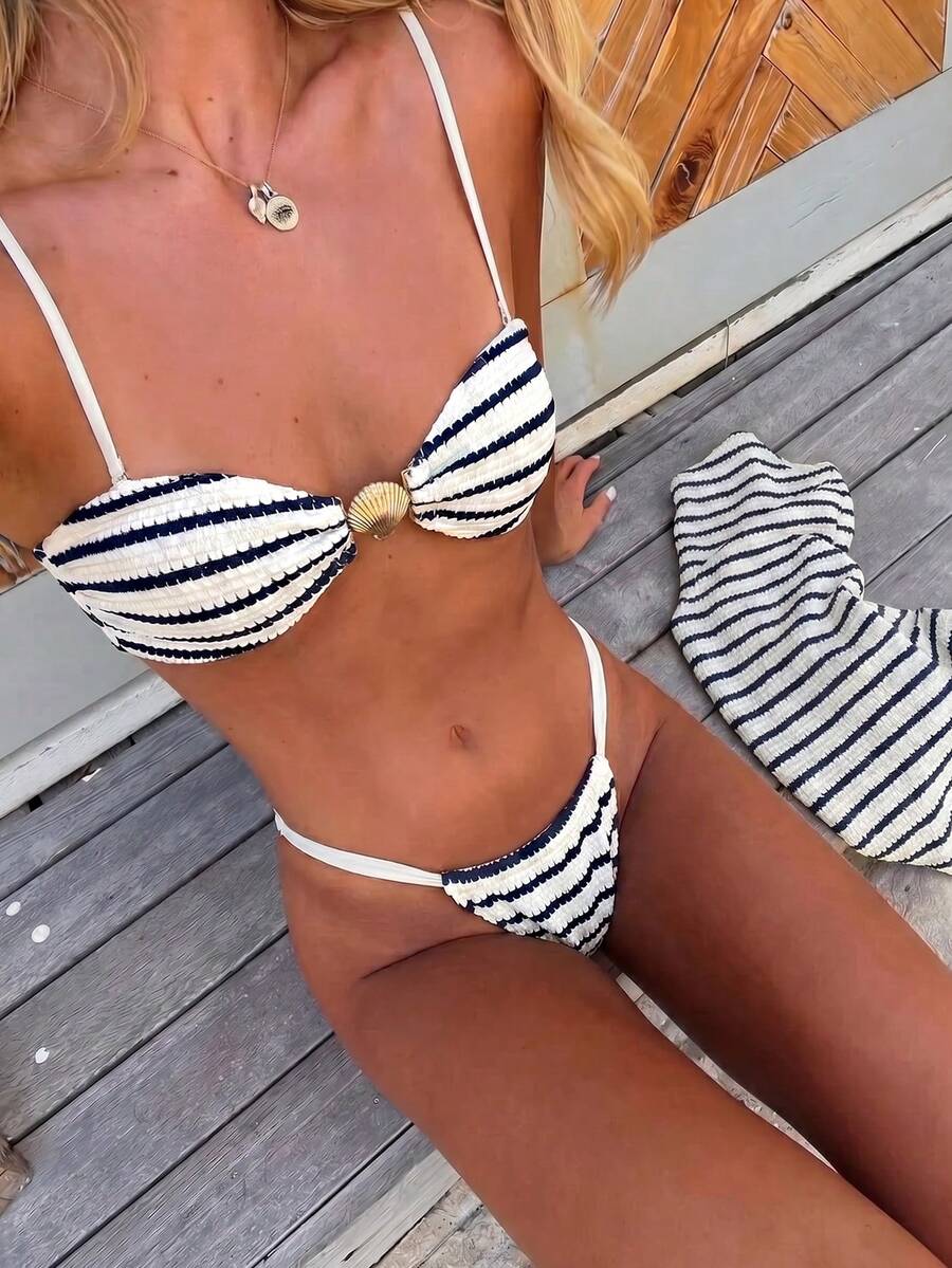 Swim Vcay 女士夏季沙滩条纹休闲比基尼和三角裤泳衣套装 - 藍白色 - 查看 1