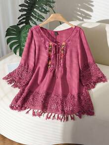 CosyJoli Blusa holgada con puños de encaje y flecos para mujer de talla grande - Rosa Fucsia - Ver 2