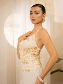 Andrea Bello 女士花卉亮片低胸优雅时尚吊带背心 - 杏色 - 查看 5