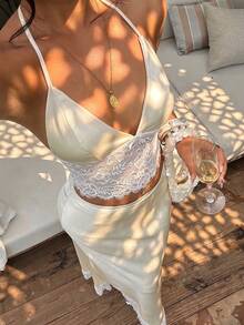 Sunnyshic Women's Yellow Lace Satin 2-Piece Set, Romantic Sexy Outfit For Party, Date, Summer Beach Vacation, Spring/Summer - Light Yellow - View 8