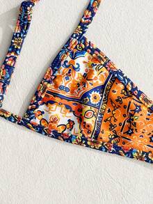 SHEIN Swim Mod 2件套女士性感随机印花泳衣，适合海滩度假，无胸垫可调节肩带露背比基尼套装 - 彩色 - 查看 4