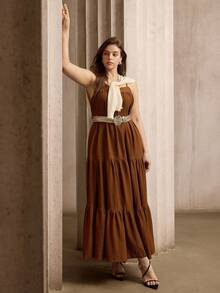 Flouryn Plus Size Women Solid Color Ruffle Hem Camisole Dress Gym Brown Summer - Brown - View 1