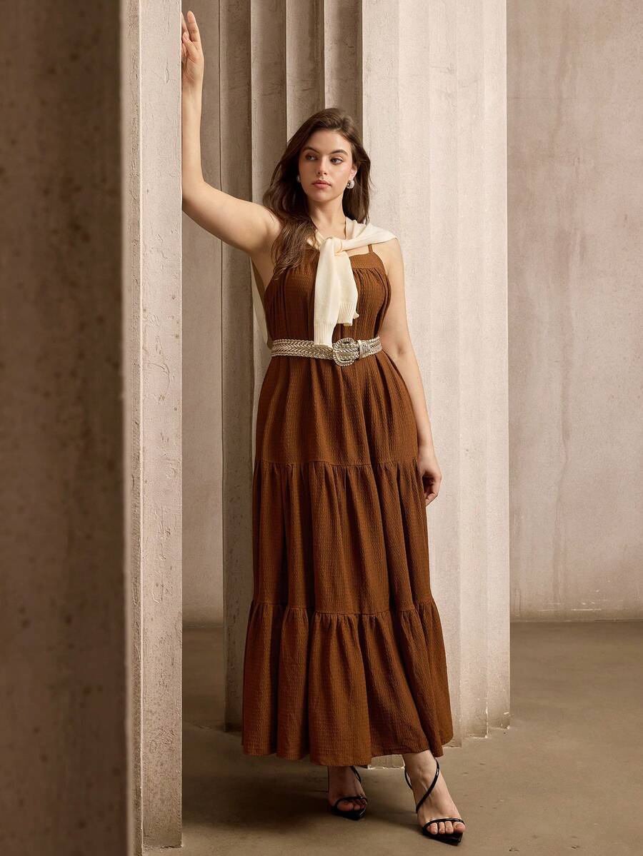 Flouryn Plus Size Women Solid Color Ruffle Hem Camisole Dress Gym Brown Summer - Brown - View 1
