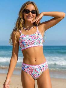 SHEIN Bộ bikini in hoa dành cho bé gái tuổi teen, gồm 2 mảnh, kiểu dáng ngọt ngào và thời trang, phù hợp cho mọi dịp, mùa xuân/hè. - Hồng - Xem 8
