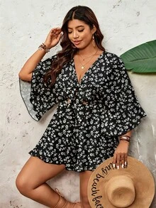 SHEIN VCAY 大码系带喇叭袖碎花连体裤，适合夏季穿着 - 彩色 - 查看 3