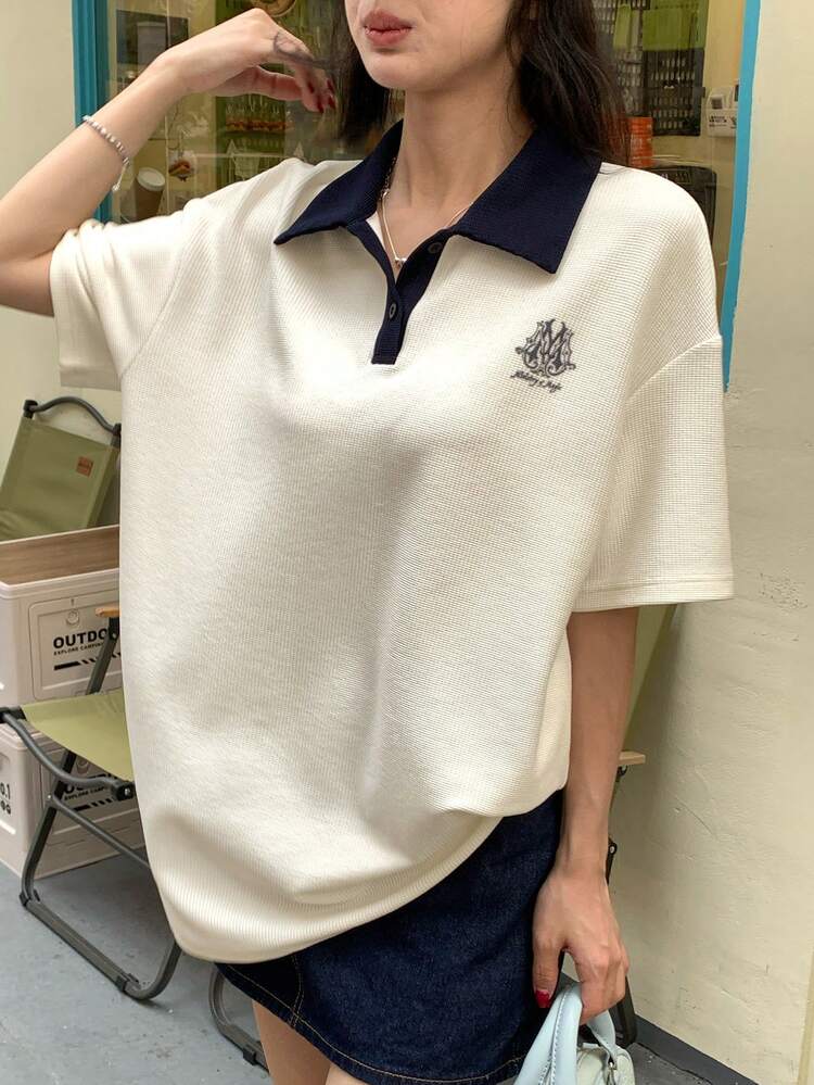 Women's Contrast Color Polo Collar Loose Casual Short Sleeve T-Shirt