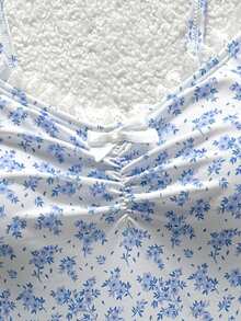 Tween Girl Ditsy Floral Ruched Front Bow One-Piece Swimsuit, Summer Beach Vacation - Baby Blue - View 7