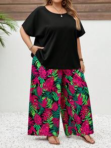 SHEIN CURVE+ 大码两件套音乐节、海滩度假波西米亚风女式宽松衬衫和碎花裤套装，夏季服装 - 彩色 - 查看 3