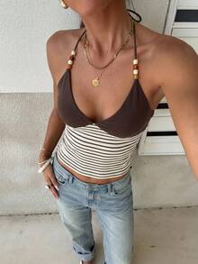 Firerie Women Brown Stripe Spaghetti Strap Beaded Tank Top, Summer Boho Tropical Sexy Retro Cami, Sleeveless Camisole Holiday Vacation Night Out - Khaki - View 3