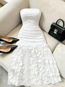 SHEIN Franclia Đầm dạ hội sang trọng, thanh lịch, phối ren hoa tương phản, eo thắt gọn, màu trơn, kiểu dáng gợi cảm dành cho phụ nữ. - trắng - Xem 1