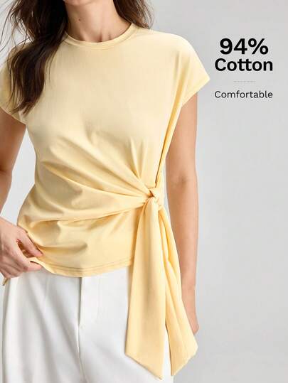 Ontre Women's Beige Comfortable Fabric Fitted Round Neck Short Sleeve Asymmetric Hem Design With Side Tie Decor, Fashion Casual Chic Versatile Blouse For Office, Business, Commute All-Season Versatile Modern Urban Fashion Business Casual Women's Wear Office Attire Understated Old-Money Style, Elegant And Sophisticated, High-Quality Commuter And Airport Clothes