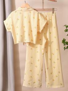 2pcs/Set Girls Pink Striped Textured Fabric Short Sleeve Shirt And Casual Pants,Cute Summer White Family Matching Outfit,Collared Button-Up Bow Top - Yellow - View 2