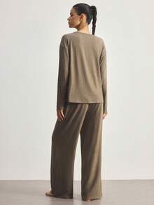 Ocili Minimalist Comfortable Collarless Soft Pajama Set For Women - Mocha Brown - View 3