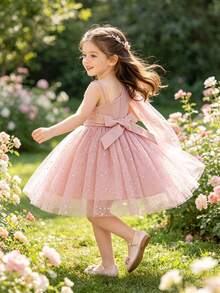 Glamorique Kids Young Girl 灰粉色單肩披肩星月亮亮片網紗仿珍珠薄紗澎澎公主正式禮服，櫻桃粉，夏季，花童，派對 - 藕粉色 - 查看 6