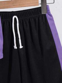 SHEIN 2pcs Tween Boy Splice Sports Textured Vertical Stripe Pattern Short Sleeve T-Shirt And Shorts Set - Purple - View 4