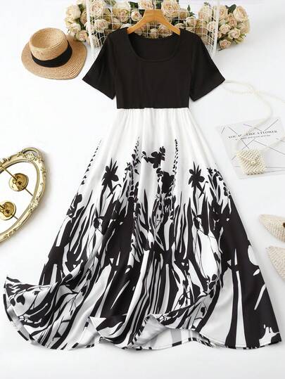 GlowEve CURVE Vestido midi ajustado de talla grande con cuello redondo y estampado floral elegante, diseño de cintura estilizadora, versátil para uso diario, ir al trabajo, fiestas, citas, viajes, sesiones de fotos