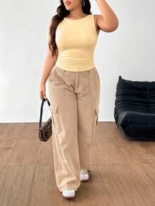 SHEIN EZwear 大码女式夏季休闲日常通勤简约纯色褶皱修身加厚吊带背心 - 杏色 - 查看 4
