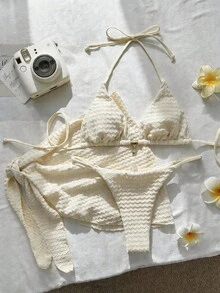 Swim Mod Bộ bikini 3 mảnh dành cho nữ, chất liệu jacquard, kiểu cổ yếm, trang trí kim loại, thích hợp cho mùa xuân/hè. - Màu be - Xem 3
