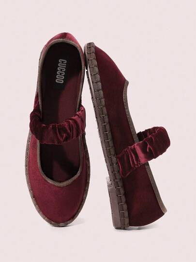 CUCCOO DOLLMOD Women's Orange Elegant Velvet Classic Comfortable Velvet Pleated Elastic Mary Jane Flat Shoes For Christmas Valentine's Day Spring Shoes Fall Shoes