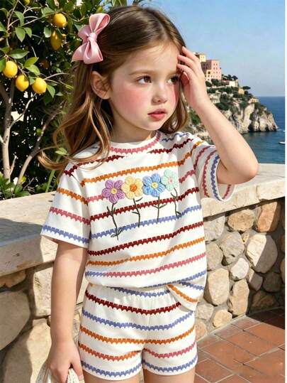 两件套女童休闲条纹印花圆领短袖上衣和紧身短裤，适合夏季上学、居家、户外聚会、度假，可爱的小女孩夏季服装。