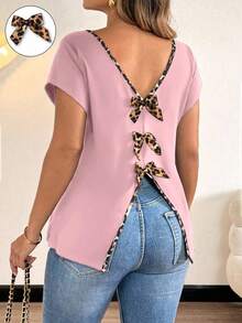 Plus Size Women's Backless V-Neck Bowknot Elegant Casual T-Shirt, Short Sleeve V Neck Blouses For Women Tops For Women Elegant Chic Top Cute Short Sleeve Tops Blouses For Women - Pink - View 1