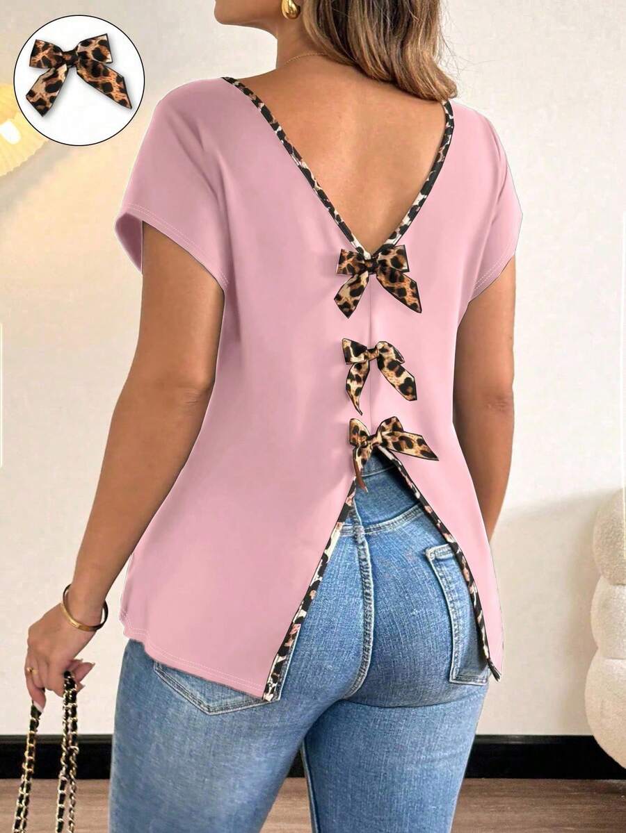 Plus Size Women's Backless V-Neck Bowknot Elegant Casual T-Shirt, Short Sleeve V Neck Blouses For Women Tops For Women Elegant Chic Top Cute Short Sleeve Tops Blouses For Women - Pink - View 1