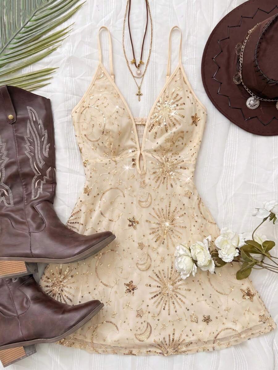 Elamini Women's Summer Beige Boho Music Festival Star Sequin Deep V Neck Hollow Waist A-Line Mini Dress, Luxury Apricot Beaded Bling Party Birthday Dress - Gold - View 1