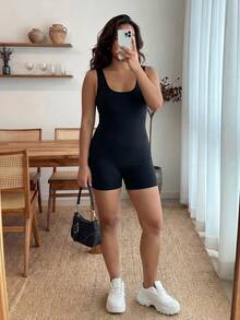 Enliva Bộ áo liền quần ngắn bó sát không tay màu đen dành cho nữ Plus Size, mùa hè - màu đen - Xem 3
