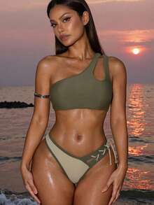 SHEIN Swim Asymmetric Neckline Hollow Out Solid Color Tied Holiday Style Summer Beach Bikini Set - Multicolor - View 2
