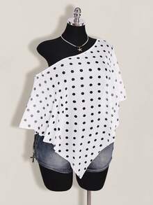 SHEIN ICON 大码女式波点印花不对称下摆休闲上衣 - 白色 - 查看 6