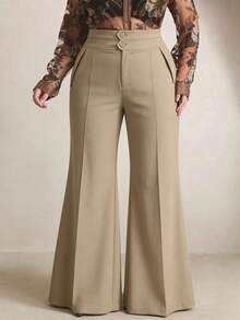 Anewsta Quần ống loe kaki cạp cao hai lớp có túi, thanh lịch dành cho nữ, mùa xuân/thu. - Màu Khaki - Xem 1