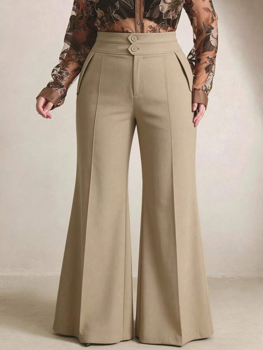 Anewsta Quần ống loe kaki cạp cao hai lớp có túi, thanh lịch dành cho nữ, mùa xuân/thu. - Màu Khaki - Xem 1