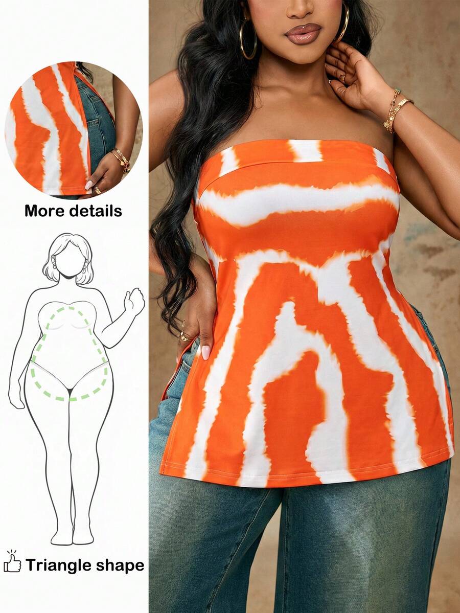 加大码女式橙色扎染印花露背短款上衣，适合海滩度假穿着