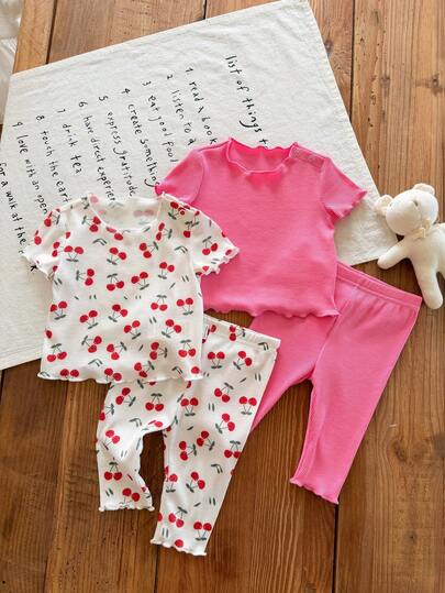 LMoss Kids Shein Dozemod Kids Newborn Baby Girl 4-Piece Casual Graphic Wave Trim Round Neck Short Sleeve Top And Pants Knit Pajama Set, Summer