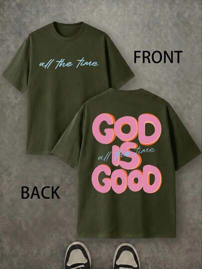1 Pieza Playera De Manga Corta Para Hombre Ajuste Regular Cómoda Versátil Estilo Y2K Moda Callejera Color Verde Militar Con Estampado Frontal Y Trasero De Letras 3D De Burbuja Texto En Contraste Rosa Y Azul Cuello Redondo Diseño Gráfico De Tipografía Oversize