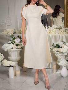Modelyn Đầm dài nữ màu trơn, trang trí kim loại, phong cách tối giản thường ngày. - Màu be - Xem 7