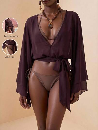 Zivah 新款女士休闲沙滩度假薄纱超大蝙蝠袖罩衫，适合泳池派对，棕色