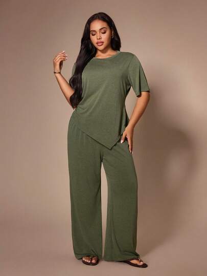 SHEIN Bộ đồ ngủ 2 mảnh cỡ lớn, dáng rộng, tối giản, vạt áo bất đối xứng