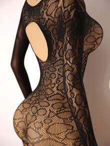 Bare Chapter 女士性感连体睡衣，黑色蛇纹图案，诱人网纱露背设计 - 黑色 - 查看 9