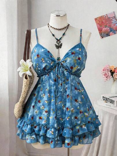 Sweetra Plus Size Women Summer Beach Vacation Ditsy Floral Front Knot Babydoll Cami Top