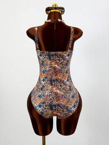 Bonvoyette Leopard Print Random Deep V Sexy One-Piece Swimsuit For Women, 2-Piece Set With Mesh Wrap Skirt, Beach Holiday Sexy Swimwear - Multicolor - View 8
