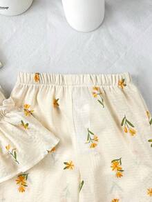 2 Stücke Baby Mädchen gewebte Blumen Schleife Dekor lässige Weste und Hose Set - Gelb - Übersicht 7