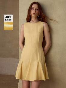 MOTF PREMIUM WOMEN'S LINEN BLEND ROUND NECK SLEEVELESS SHORT CASUAL DRESS, SPRING/SUMMER - Yellow - View 2
