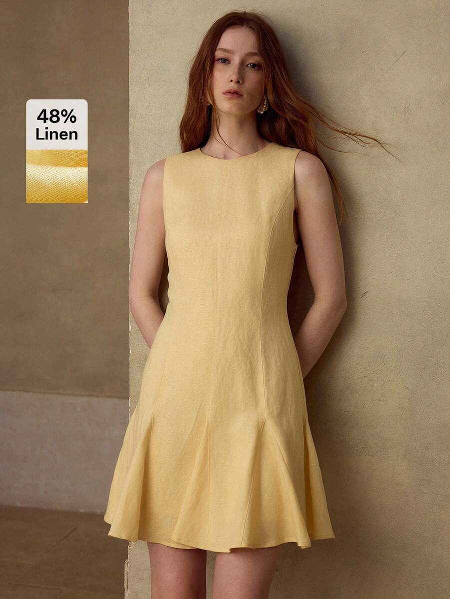 MOTF PREMIUM WOMEN'S LINEN BLEND ROUND NECK SLEEVELESS SHORT CASUAL DRESS, SPRING/SUMMER