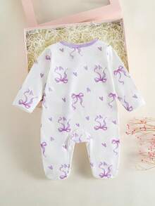 SHEIN Bộ áo liền quần dài tay cổ tròn in nơ dễ thương cho bé gái sơ sinh, chất liệu mềm mại và thoải mái, thích hợp làm trang phục và quà tặng ngày Valentine. - Màu tím hoa cà - Xem 2