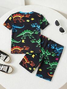 SHEIN [Random 3 Sets,Send 1 Sets] Young Boy Glow-In-The-Dark Dinosaur Print Snug Fit Short Sleeve Shorts Knit Soft & Breathable 2-Piece Pajama Set Summer - Multicolor - View 5