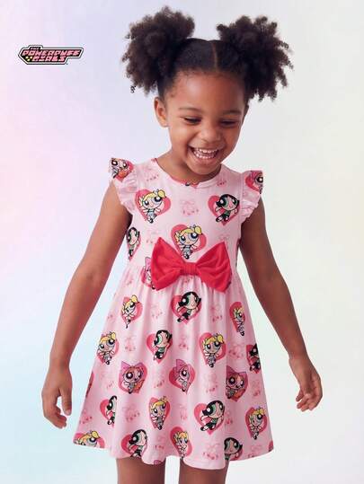 THE POWERPUFF GIRLS X SHEIN Maija Kids 1 chiếc đầm ngắn tay in hình hoạt hình dễ thương, nơ xinh xắn cho bé gái, thích hợp mặc mùa xuân/hè và hàng ngày.