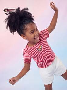 THE POWERPUFF GIRLS X SHEIN Maija Kids Áo thun ngắn tay cổ tròn tay ngắn viền bèo họa tiết hoạt hình dành cho bé gái tuổi teen - Hồng - Xem 3