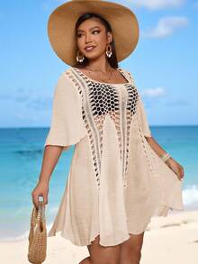Swim Vcay Plus Size Women Solid Color Square Neck Ruffle Sleeve Hollow Out Cover Up Dress - Apricot - View 3