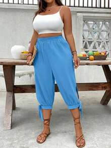 Breezaya Plus Size High Waist Drawstring 7/8 Pants, Spring/Summer - Blue - View 6